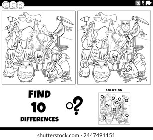 Cartoon illustration of finding the differences between pictures educational activity with birds animal characters coloring page