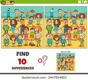 Cartoon illustration of finding the differences between pictures educational activity with children characters