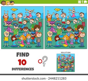 Cartoon illustration of finding the differences between pictures educational activity with playful children characters group