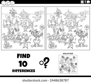 Cartoon illustration of finding the differences between pictures educational activity with clowns and comedians characters coloring page