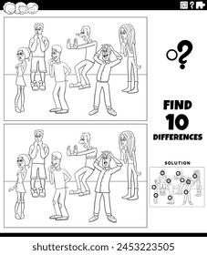 Cartoon illustration of finding the differences between pictures educational activity with surprised young people characters group coloring page