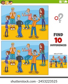 Cartoon illustration of finding the differences between pictures educational activity with surprised young people characters group