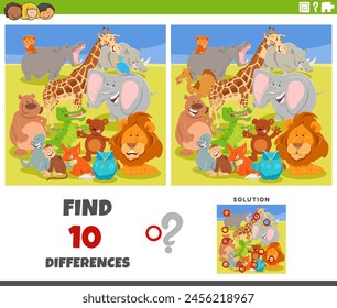 Cartoon illustration of finding the differences between pictures educational game with wild animal characters group