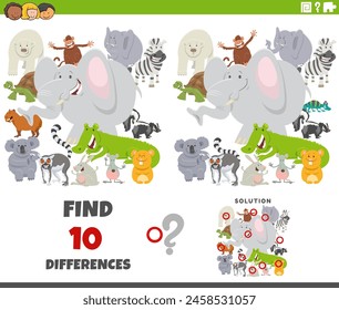 Cartoon illustration of finding the differences between pictures educational game with wild animal characters group