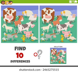 Cartoon illustration of finding the differences between pictures educational activity with farm animal characters group