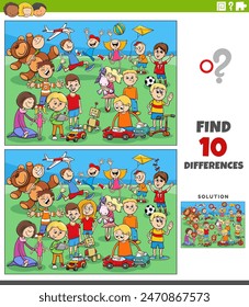 Cartoon illustration of finding the differences between pictures educational activity with playful children characters group