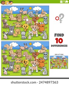 Cartoon illustration of finding the differences between pictures educational activity with dogs and cats and mice characters group