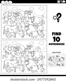 Cartoon illustration of finding the differences between pictures educational activity with farm animal characters group coloring page