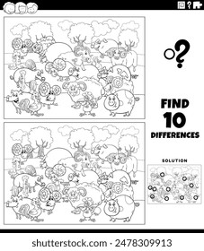 Cartoon illustration of finding the differences between pictures educational activity with farm animals characters group coloring page