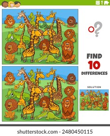 Cartoon illustration of finding the differences between pictures educational activity with wild animals characters group