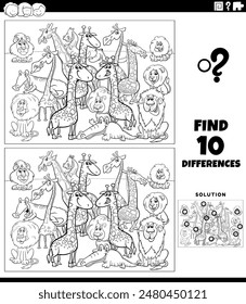 Cartoon illustration of finding the differences between pictures educational activity with wild animals characters group coloring page