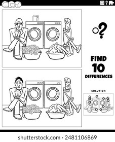 Ilustración de dibujos animados de encontrar las diferencias entre las imágenes de la actividad educativa con el blanqueo de dinero diciendo o proverbio para colorear página