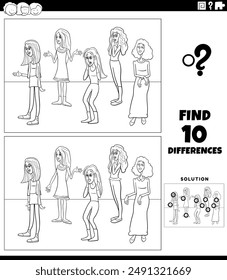 Cartoon illustration of finding the differences between pictures educational activity with young women characters group coloring page