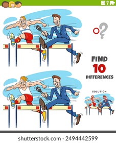 Cartoon illustration of finding the differences between pictures educational activity with hurdle runner and reporter