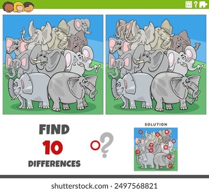 Cartoon illustration of finding the differences between pictures educational activity with elephants animal characters group