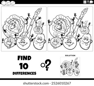 Ilustração de desenho animado de encontrar as diferenças entre as fotos atividade educacional com vegetais caracteres grupo colorir página