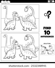 Ilustración de dibujos animados de encontrar las diferencias entre las imágenes juego educativo con dinosaurios animales prehistóricos personajes grupo para colorear página