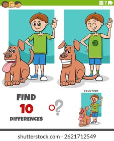 Cartoon illustration of finding the differences between pictures educational puzzle with happy boy and his dog
