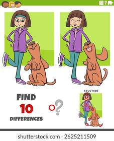 Ilustração de desenhos animados de encontrar as diferenças entre as fotos jogo de quebra-cabeça educacional com menina e seu cão