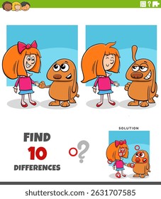 Cartoon illustration of finding the differences between pictures educational puzzle activity with girl and her puppy