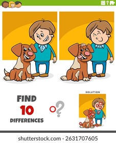 Cartoon illustration of finding the differences between pictures educational puzzle activity with funny boy and his puppy
