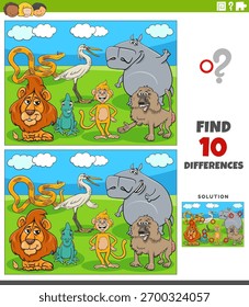 Cartoon illustration of finding the differences between pictures educational worksheet with wild animals characters group