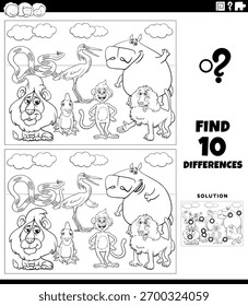 Cartoon illustration of finding the differences between pictures educational worksheet with wild animals characters group coloring page