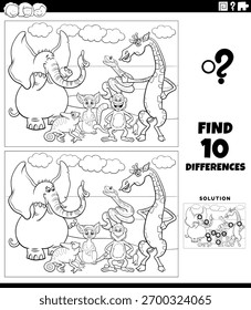 Cartoon illustration of finding the differences between pictures educational game with funny wild animals characters group coloring page
