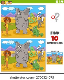 Ilustração de desenho animado de encontrar as diferenças entre fotos atividade educacional com animais engraçados grupo de personagens