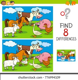 Cartoon Illustration of Finding Differences Between Pictures Educational Activity Game for Kids with Funny Farm Animal Characters Group