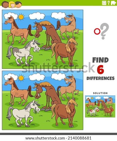 Cartoon illustration of finding the differences between pictures educational game for children with funny horses farm animal characters