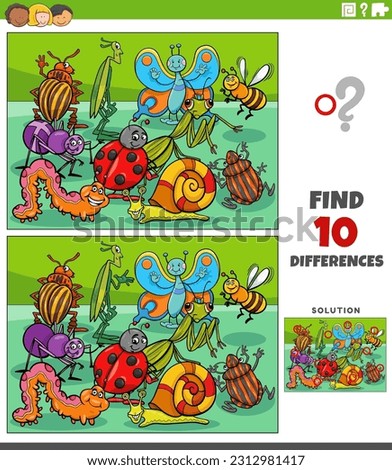 Cartoon illustration of finding the differences between pictures educational game with insects comic animal characters group