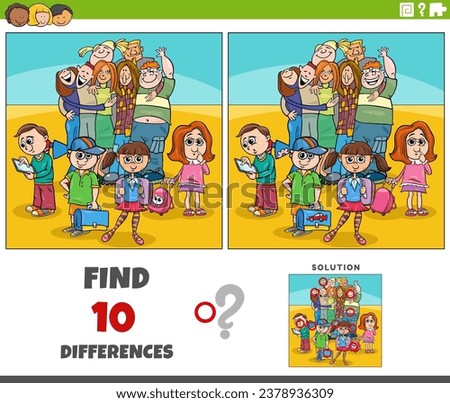 Cartoon illustration of finding the differences between pictures educational activity with funny pupils and students characters group