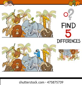 Cartoon Illustration of Finding Differences Educational Activity Task for Children with Safari Animal Characters