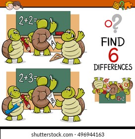 Cartoon Illustration of Finding Differences Educational Activity Game for Children with Turtle Pupil Characters