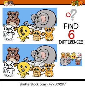 Cartoon Illustration of Finding Differences Educational Activity Game for Children with Animal Characters