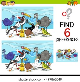 Cartoon Illustration of Finding Differences Educational Activity Game for Children with Birds Animal Characters