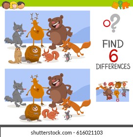 Cartoon Illustration of Finding the Differences Educational Game for Children with Wild Animal Characters