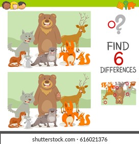 Cartoon Illustration of Finding the Differences Educational Game for Children with Forest Animal Characters