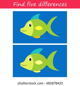 Cartoon Illustration of Finding Differences Educational Activity Game for Children with Fish