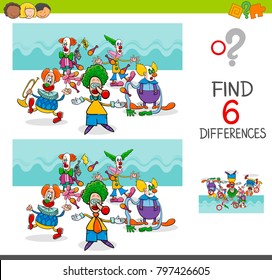 Cartoon Illustration of Finding Eight Differences Between Pictures Educational Activity Game for Kids with Clown Characters Group