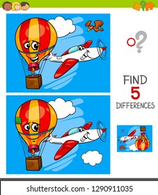 Cartoon Illustration of Finding Five Differences Between Pictures Educational Game for Children with Plane and Hot Air Balloon