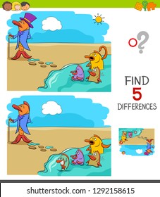 Cartoon Illustration of Finding Five Differences Between Pictures Educational Game for Children with Fish Out of Water Saying