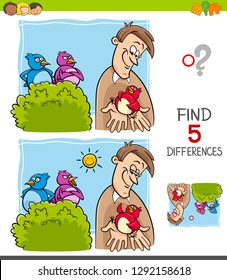 Cartoon Illustration of Finding Five Differences Between Pictures Educational Game for Children with A Bird in the Hand is Worth Two in the Bush Saying