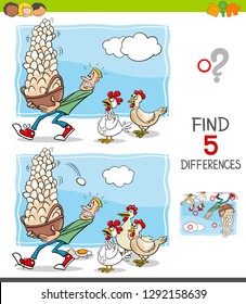 Cartoon Illustration of Finding Five Differences Between Pictures Educational Game for Children with Dont Put All your Eggs in One Basket Saying