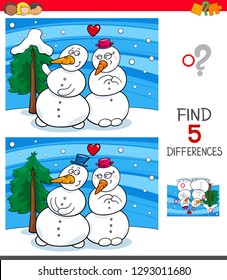 Cartoon Illustration of Finding Five Differences Between Pictures Educational Game for Children with Snowmen in Love