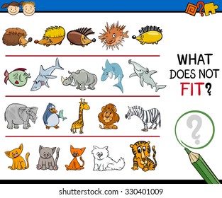 Cartoon Illustration of Finding Improper Item in the Row Educational Game for Preschool Children with Animal Characters