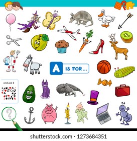 Cartoon Illustration of Finding Picture Starting with Letter A Educational Game Workbook for Children