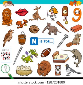 Cartoon Illustration of Finding Picture Starting with Letter N Educational Game Workbook for Children