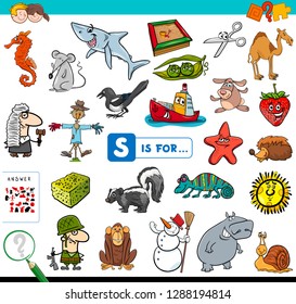 Cartoon Illustration of Finding Picture Starting with Letter S Educational Game Workbook for Children